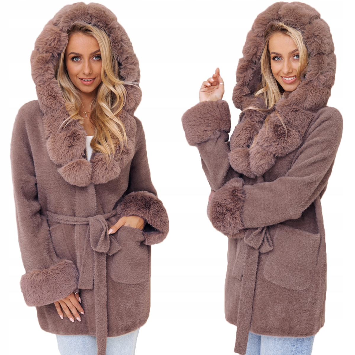 Měkká Alpaka S Kožíškem Kabát alpaka S Páskem Cappuccino