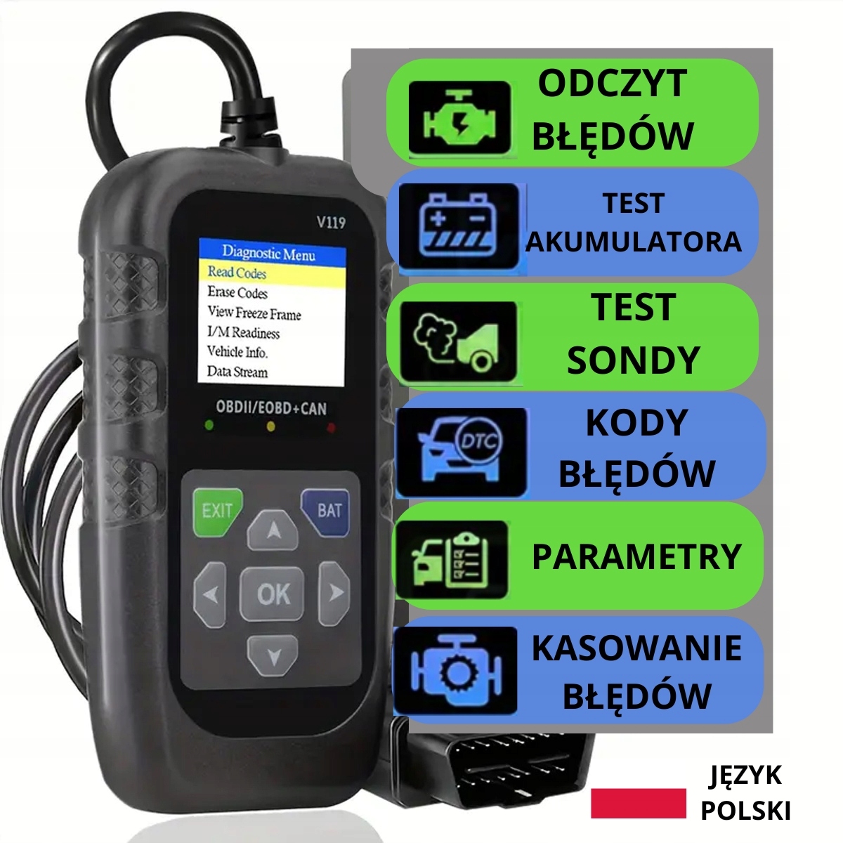 Interfejs diagonostyczny skaner OBD2 V119 Odczyt Kasowanie Błędów menu Pl