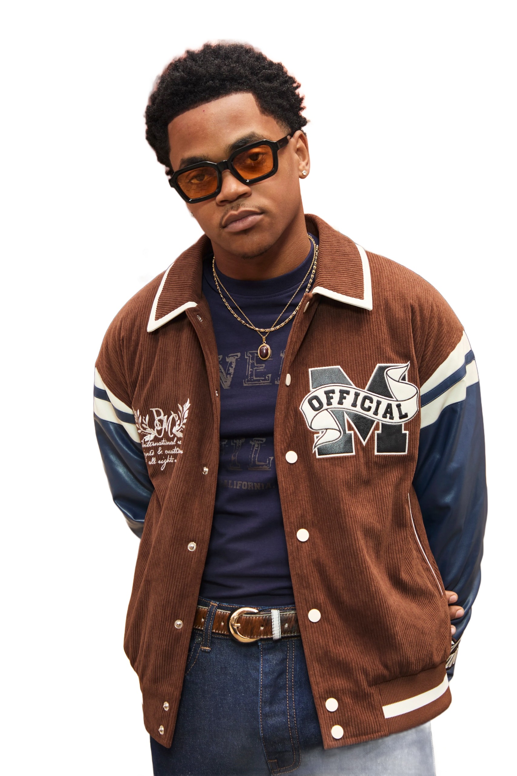 Boohooman Pánská Baseballová Bunda Hnědá S Nášivkami A Pruhy M Z3A