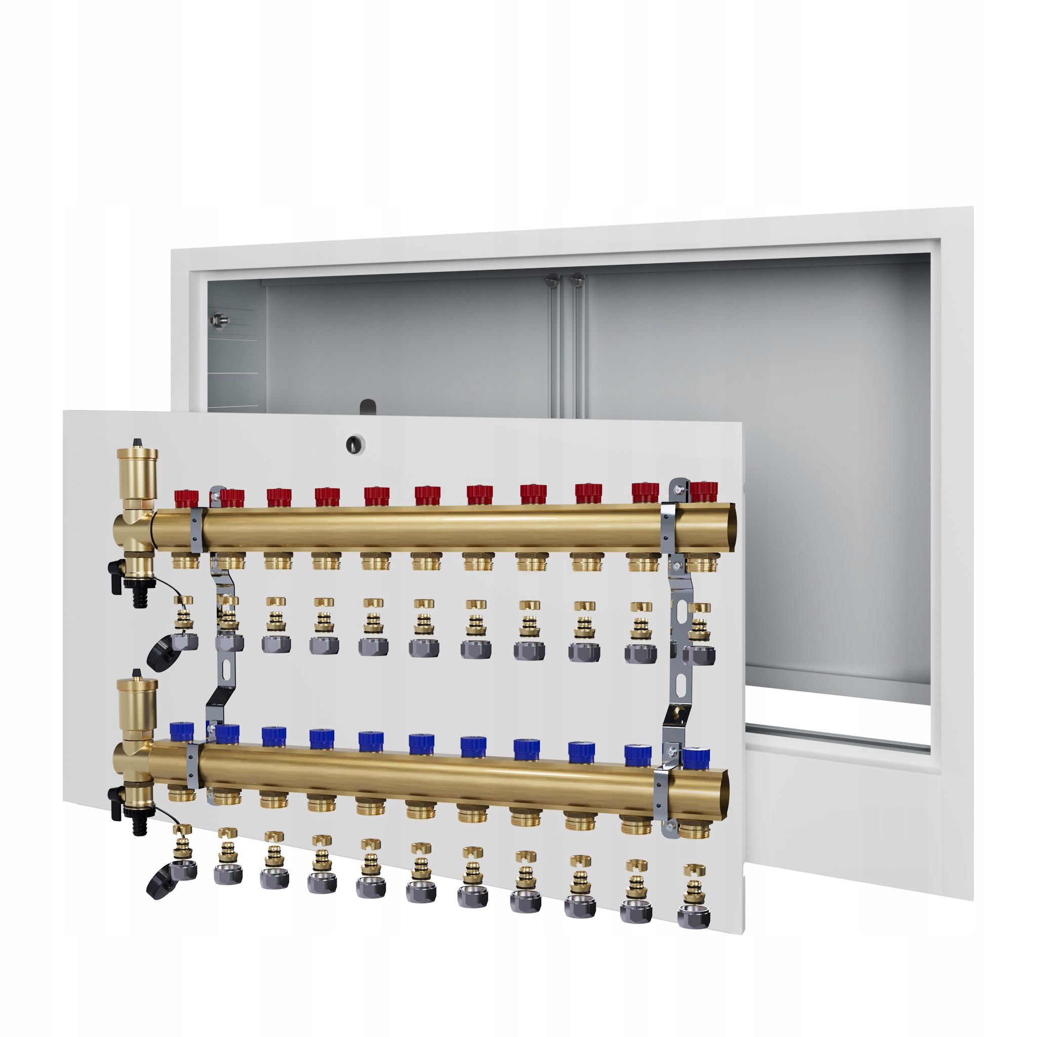 Manuální rozdělovač pro 11 radiátorových topení podomítková skříňka+Pex