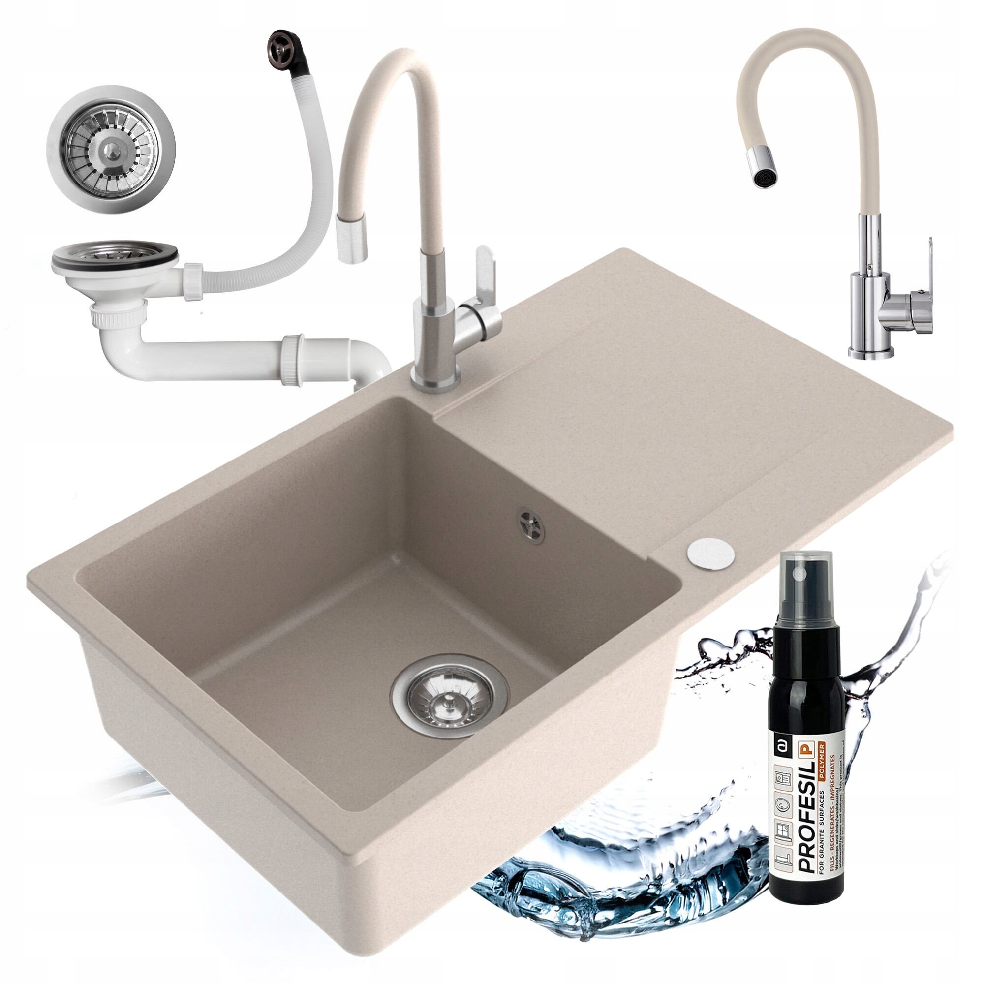 Granitový Jednokomorový Kuchynský Drez, Béžová Batéria, Flexibilný Sifón