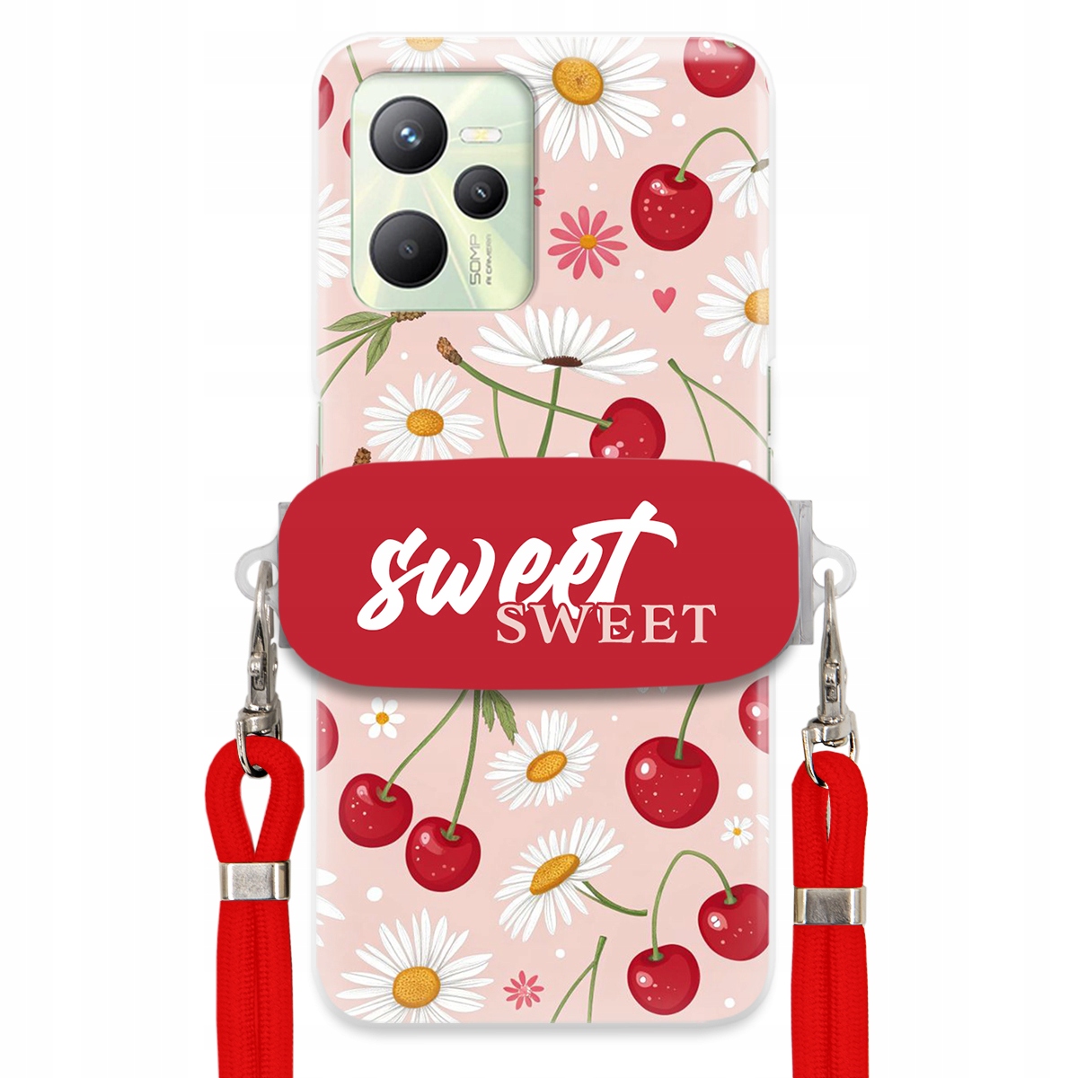 Puzdro pre Realme C35 Červené vodítko držiak Sweet Sweet Čerešňa a sedmokráska