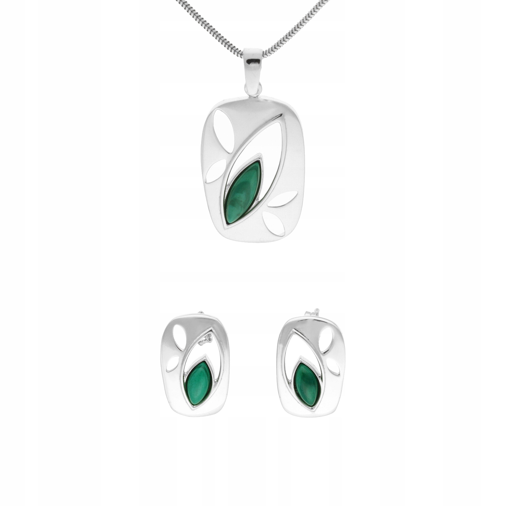 Komplet s malachitem, obdélníky, stříbro