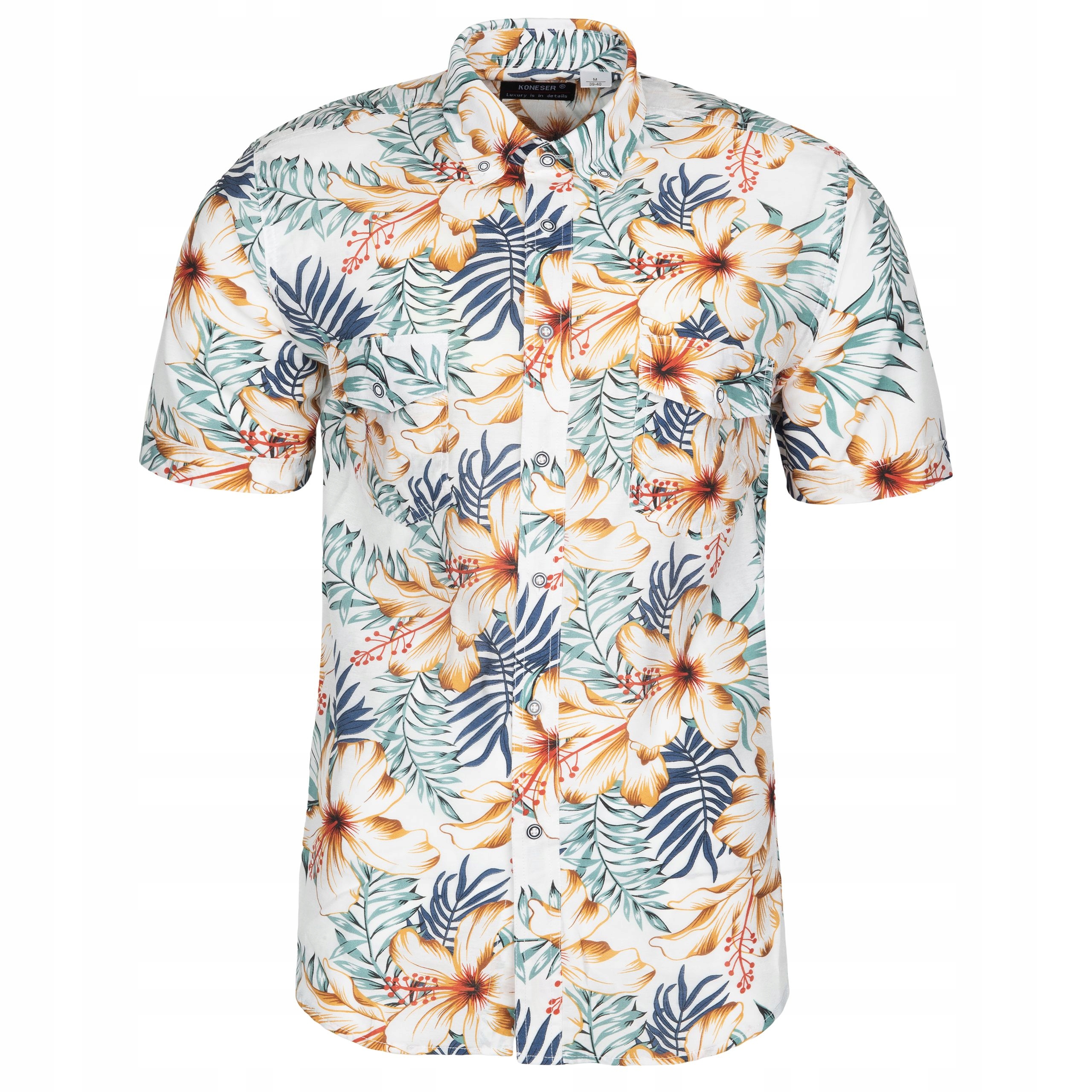 Duża Hawajska Koszula Męska Biała W Kwiaty Kolorowe 6XL 50/51