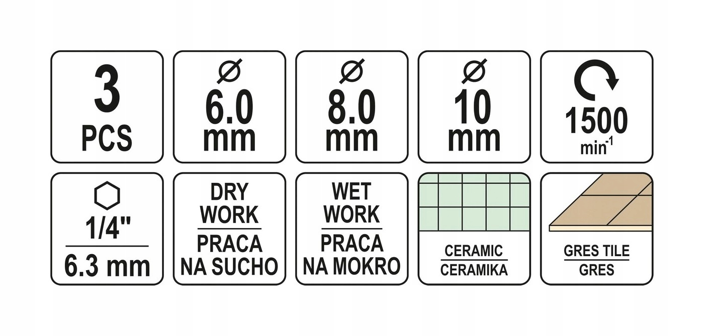 ZESTAW DIAMENTOWYCH WIERTEŁ DO GRESU 3 SZT 6, 8, 10 mm Marka Yato
