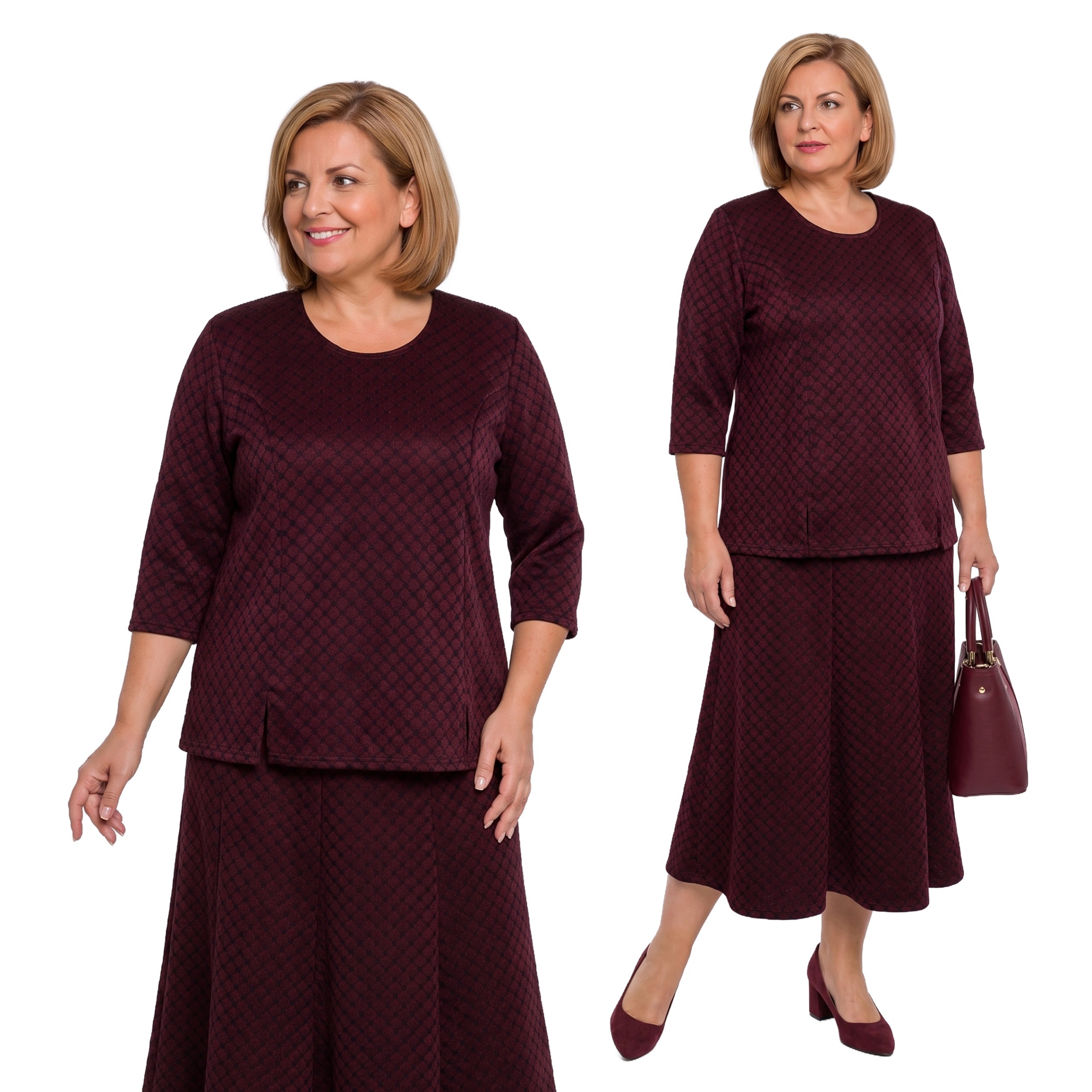 Bordó teplý komplet s reliéfními vzory plus size velikost 48/50