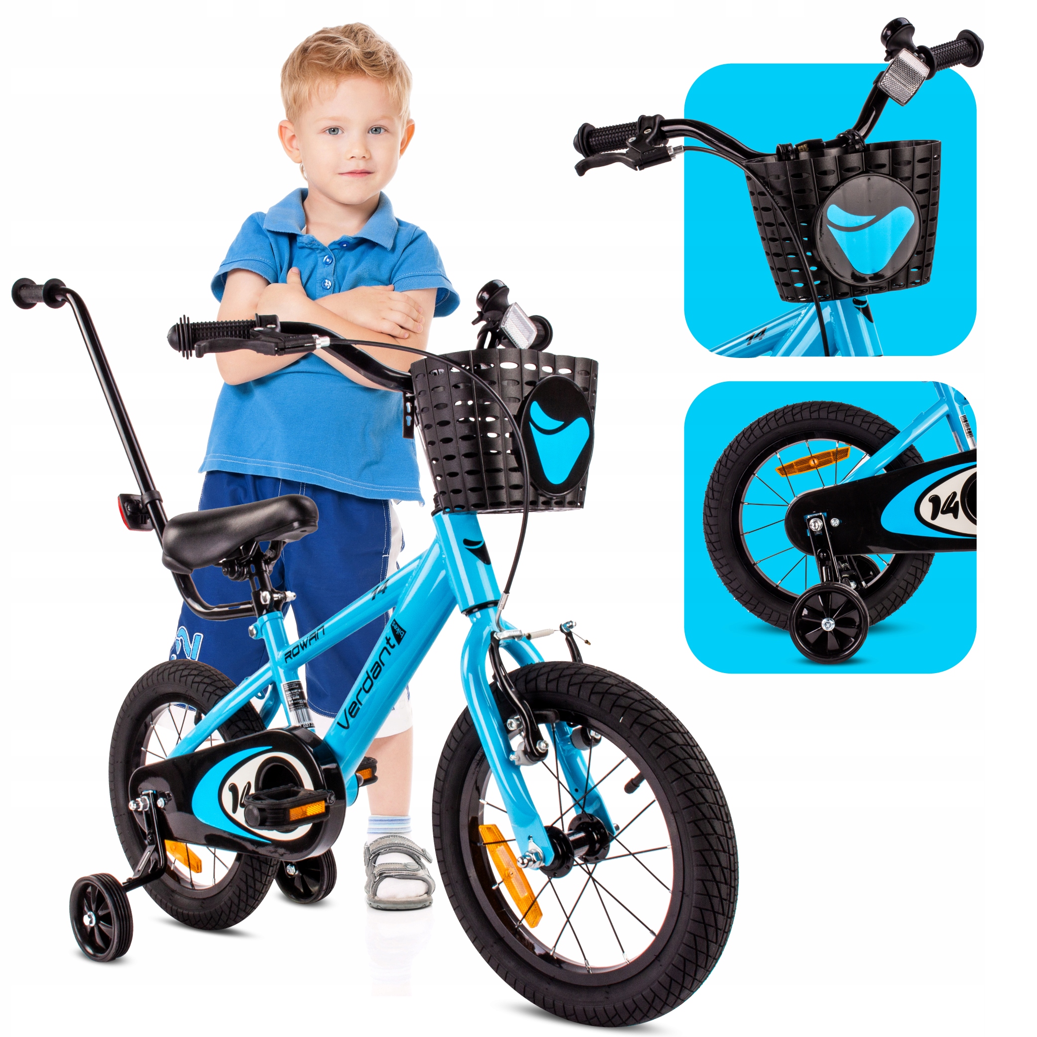 Rower 14 cali dziecięcy dla chłopca Prowadnik Kółka boczne Koszyk Dzwonek