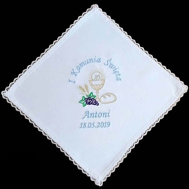 Biała CHUSTECZKA DO KOMUNII z haft imię data WZORY Długość 25 cm
