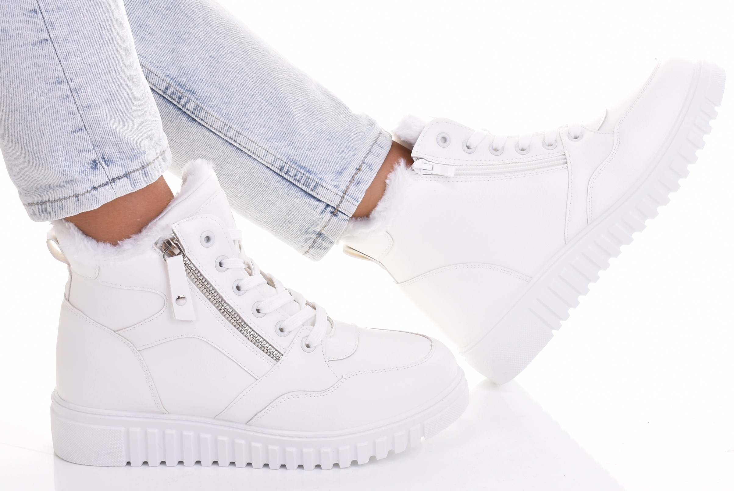 Sneakersy Damskie Traperki Ocieplane Buty Zimowe Klasyczne Trapery Białe