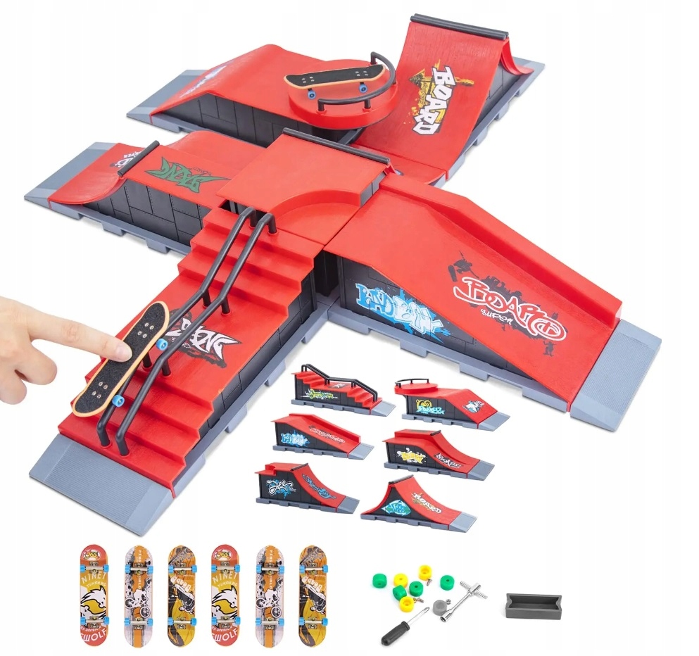 ZESTAW FINGERBOARD SKATEPARK 6w1 DZIECI 6 RAMP + 6 DESKOROLEK + PODSTAWKA Kod producenta FB-06-6set