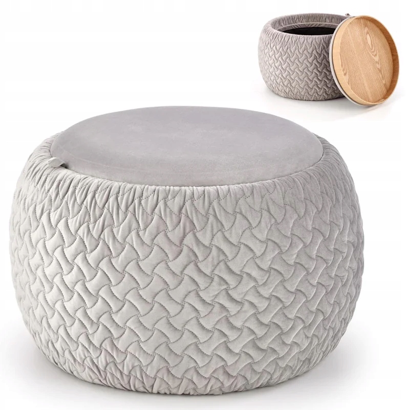 Okrągła Szara Pufa ze Schowkiem Stolik Kawowy BONO Typ tapicerowana