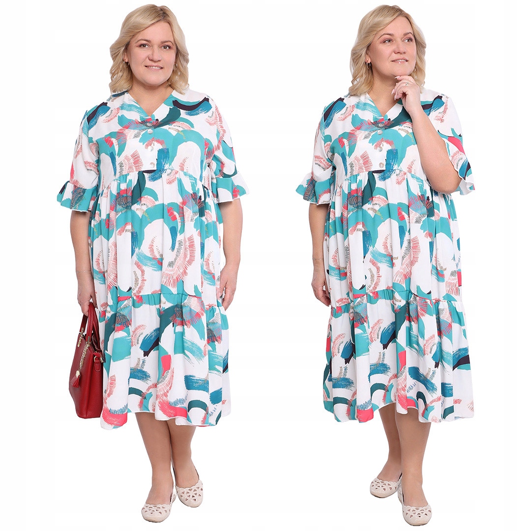 Bílá šaty s tyrkysově červenými vzory 48/50