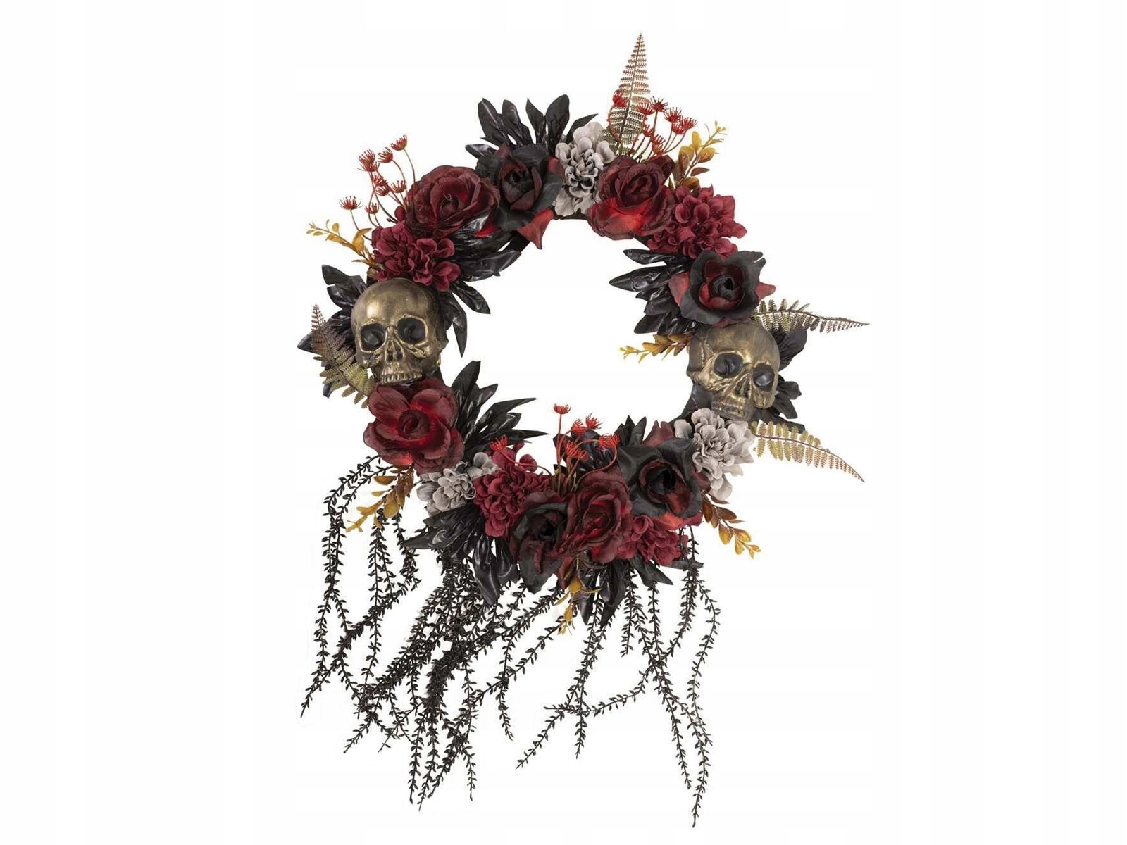 Závěsná dekorace věnec s halloweenskou čepicí, červený, 40 cm, květy