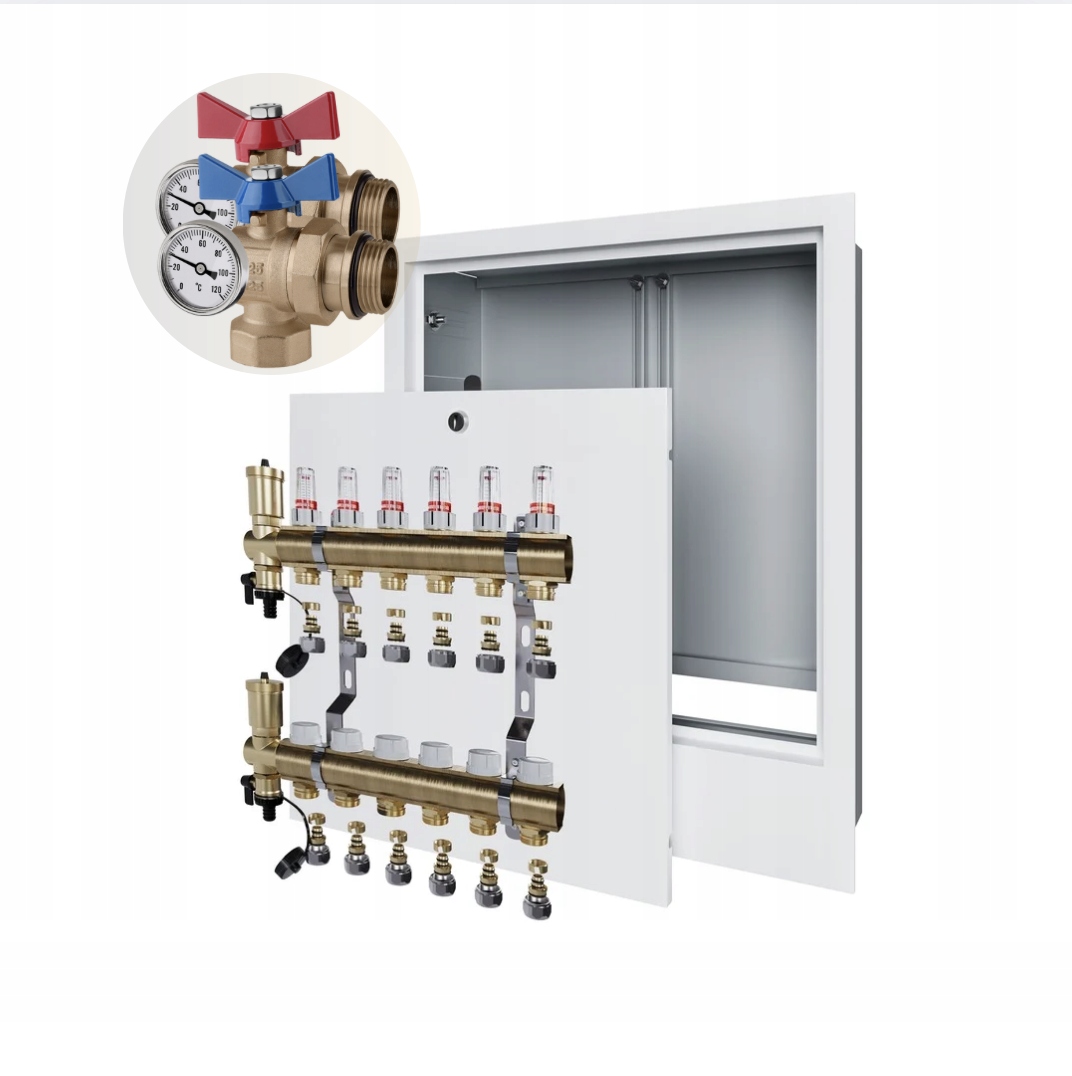 Rozdělovač podlahového vytápění 6 Skříňka pod omítku+PEX+ÚHLOVÝ Kulový Ventil