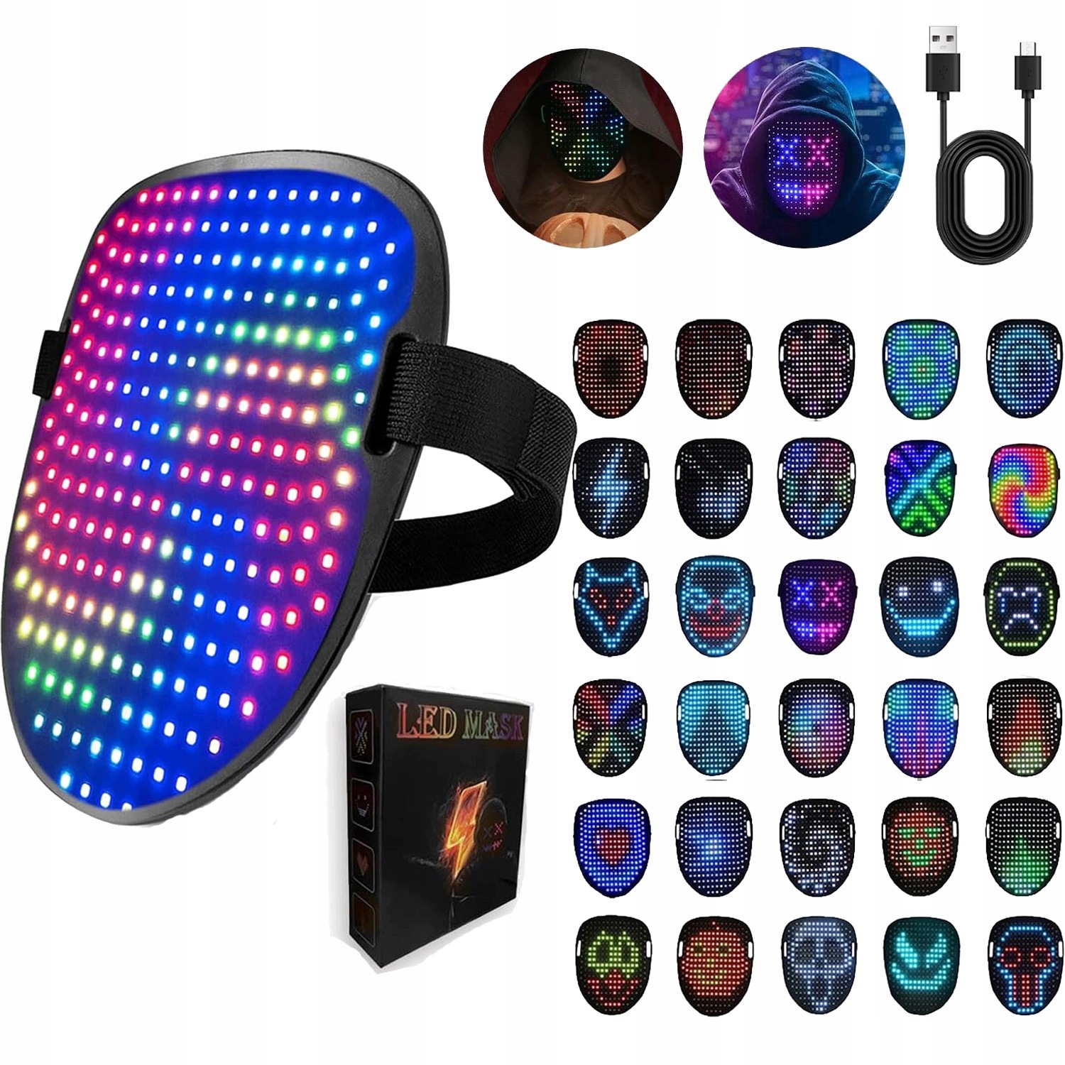 Led Maska Halloween Svítící, Ovládaná Gesty, 50 Vzorů Nabíjení Přes Usb