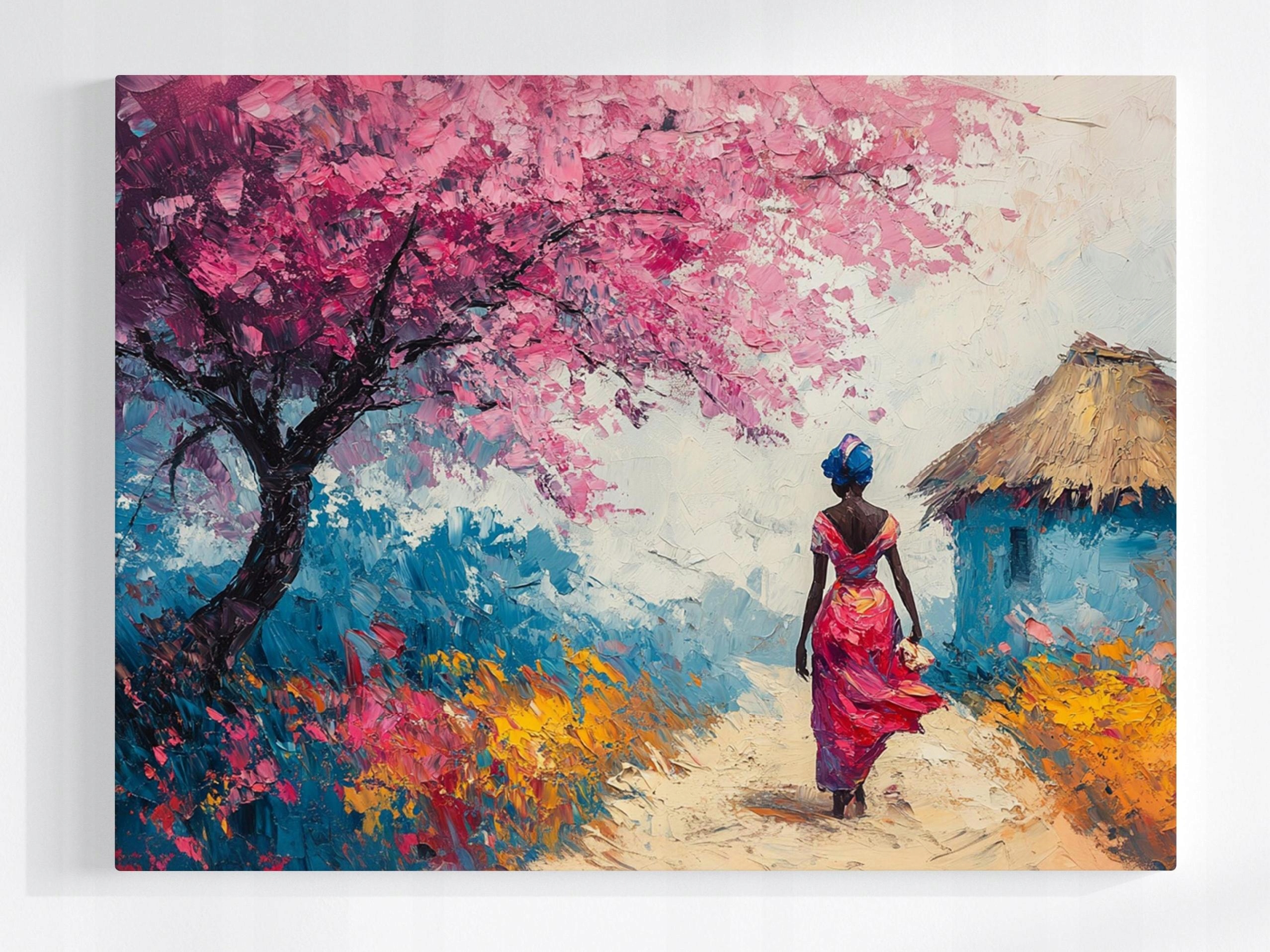 Plakát Krajina Afrika Strom Květiny Žena Procházka 100x75