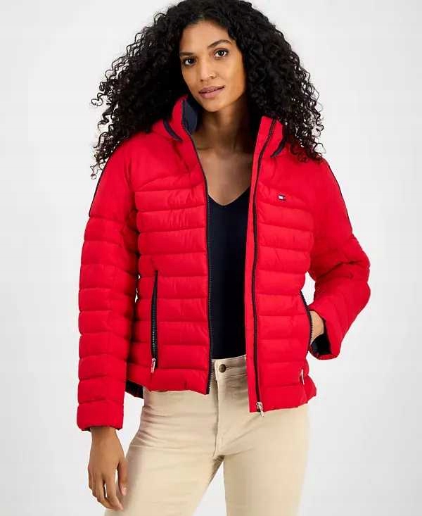 Tommy Hilfiger dámská zimní bunda Hooded Long-Sleeve červená L