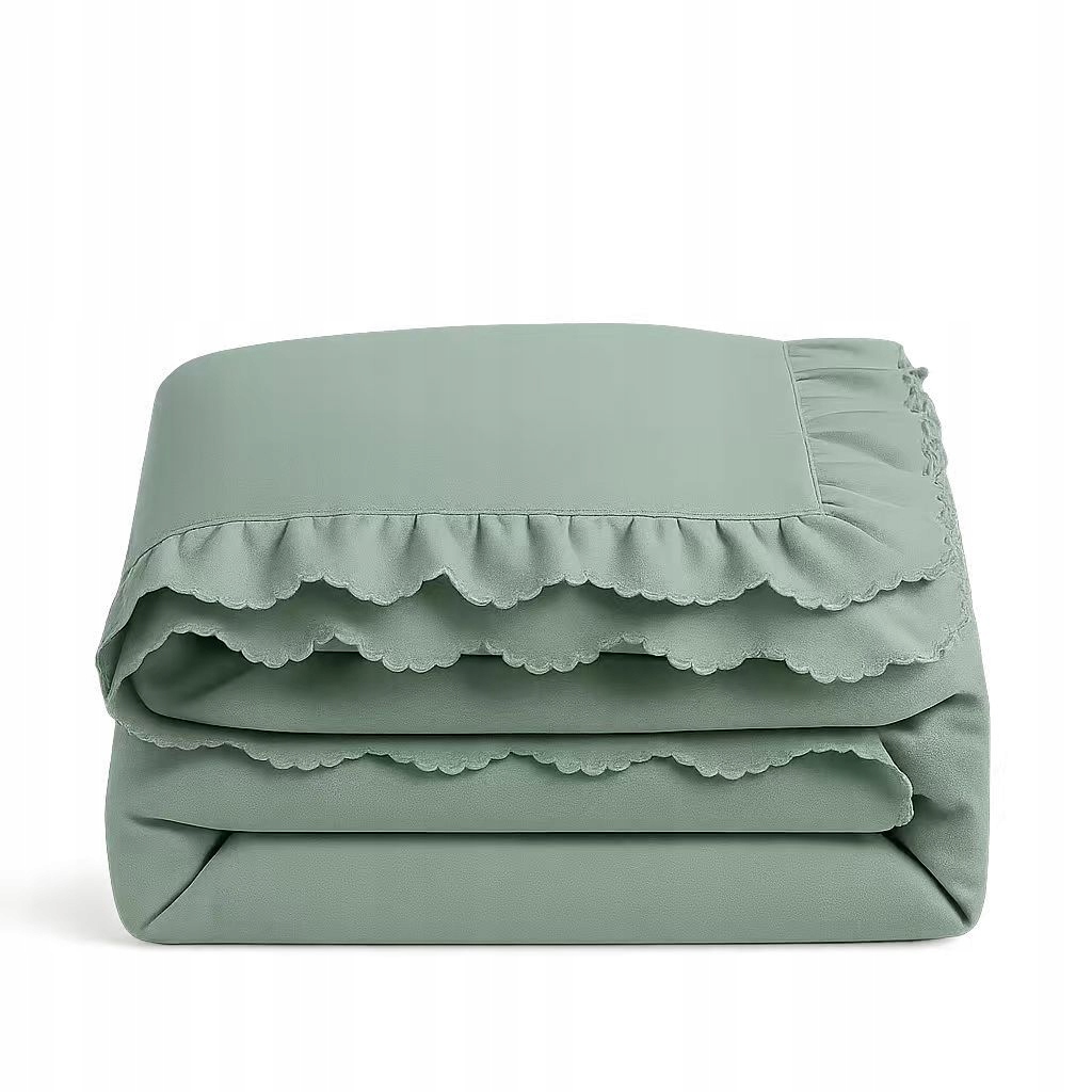 Pościel z falbanką 160x200 zestaw jednokolorowa boho gładka szałwiowa