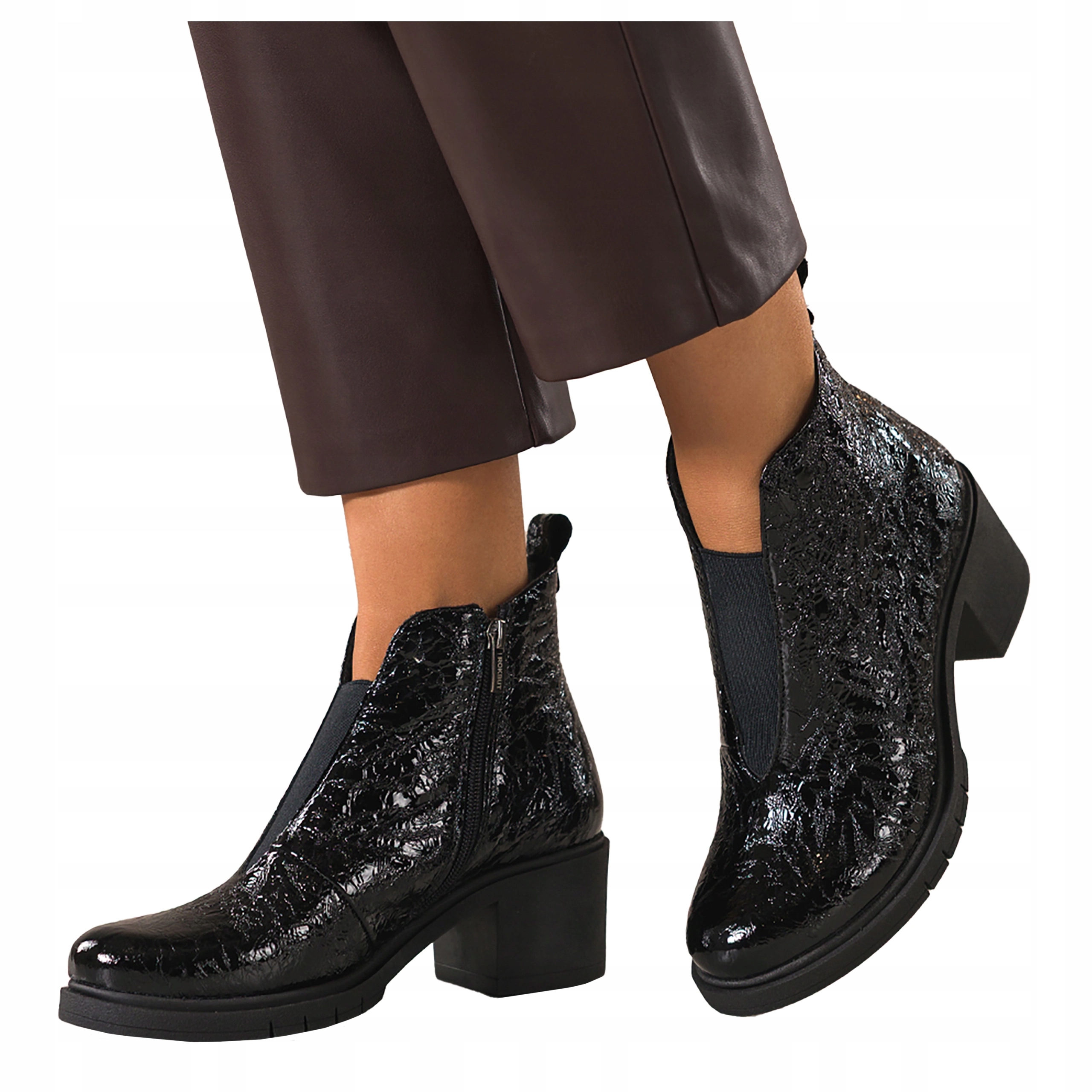 Lakované Kotníkové Boty Černé Kožené Dámské Pohodlné Podpatky Klocek Modne r 40