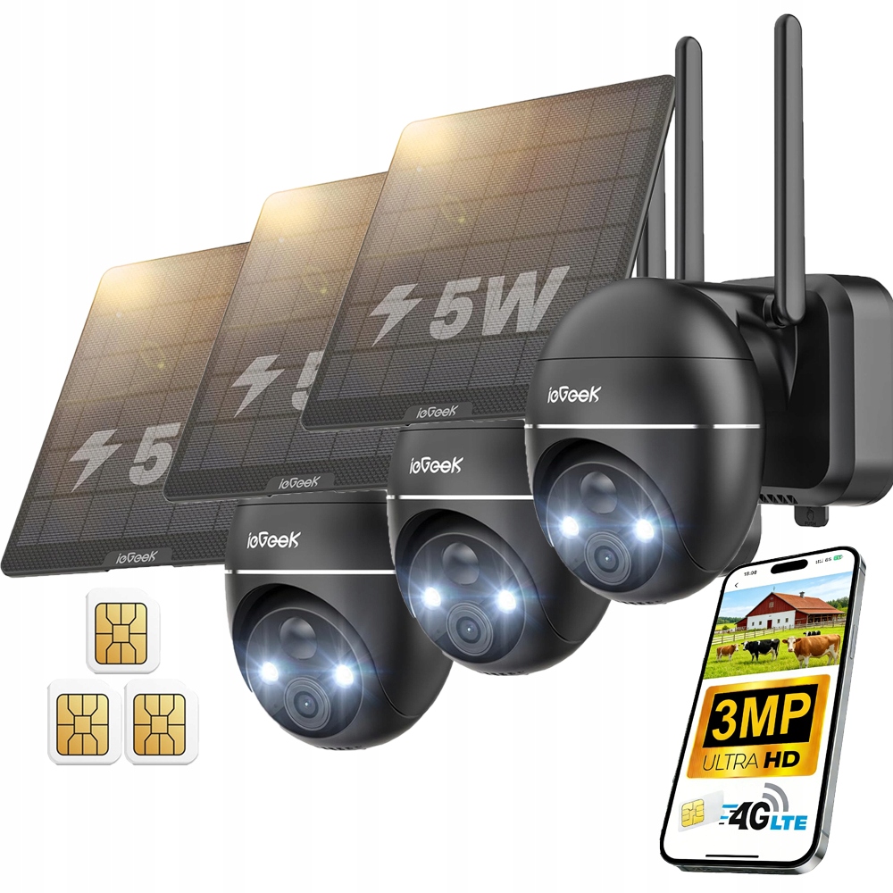 3 kusy Venkovní solární kamera 2K 3MP Sim karta 4G Lte Otočná 4x zoom