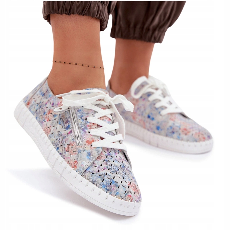 Dámské Polobotky Ažurové Semišové Šněrování Zip Comfort Shoes Stříbrné 37
