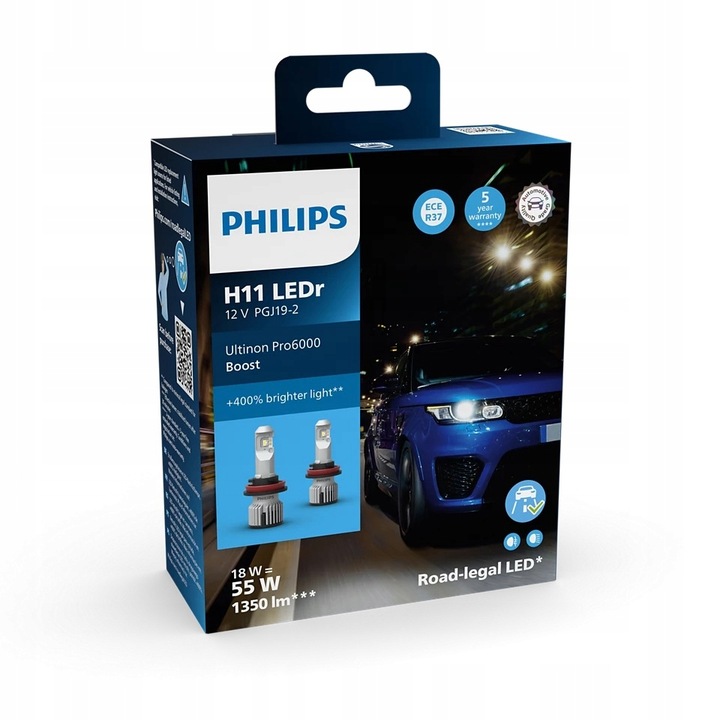 Philips Led žárovky H11 Ultinon Pro6000 Boost 6000K +400% 1350lm