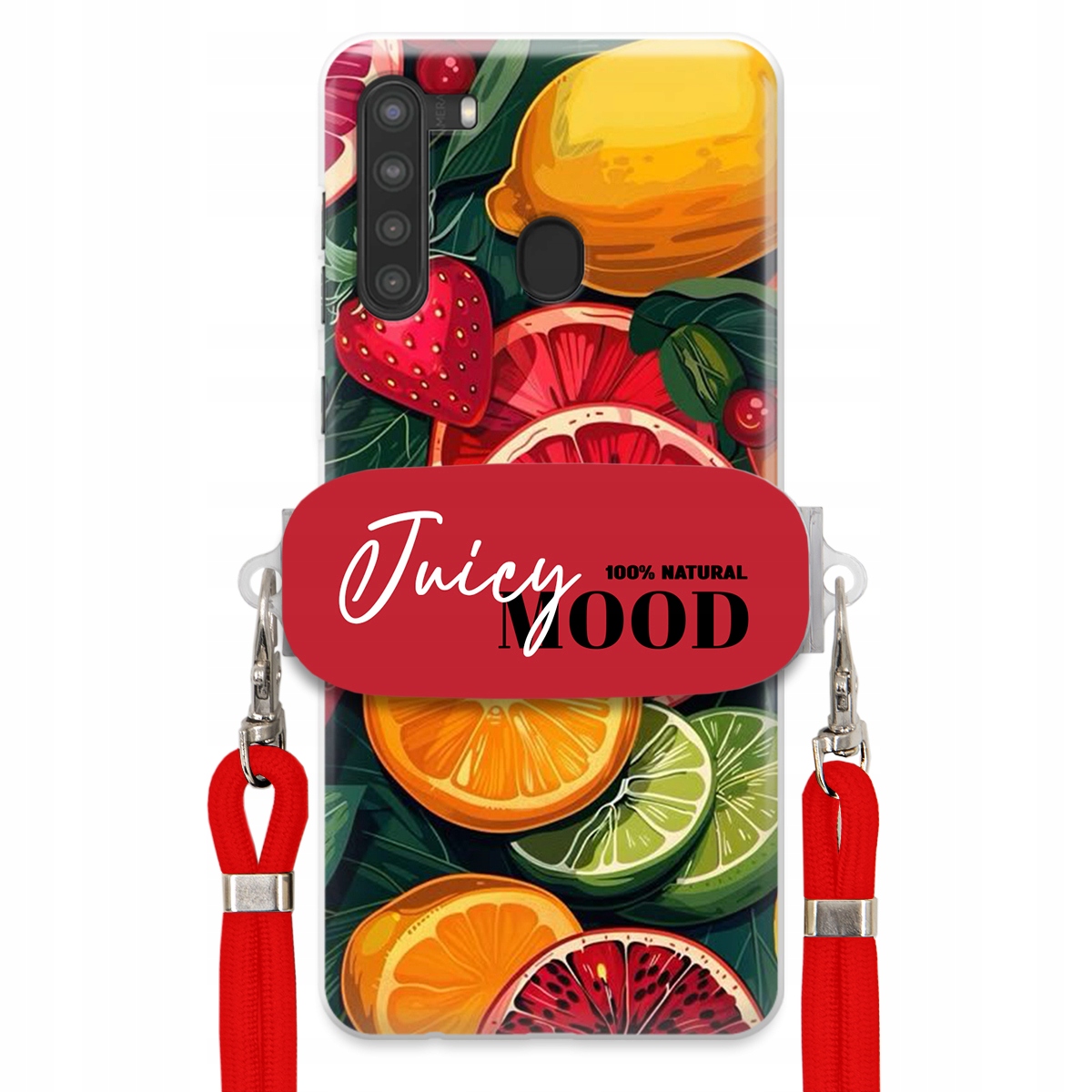 Puzdro pre Samsung A21 Červené Crossbody vodítko Módny držiak Juice Mood Ovocie