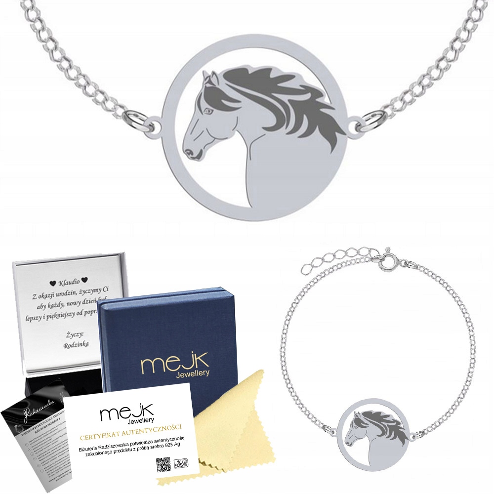 Stříbrný náramek s koněm Huculským 925 Řetízek Šperky Gravírování