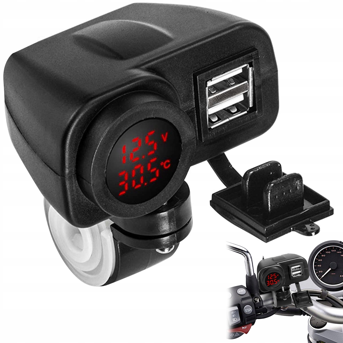 ŁADOWARKA MOTOCYKL WOLTOMIERZ TERMOMETR 2x USB BK