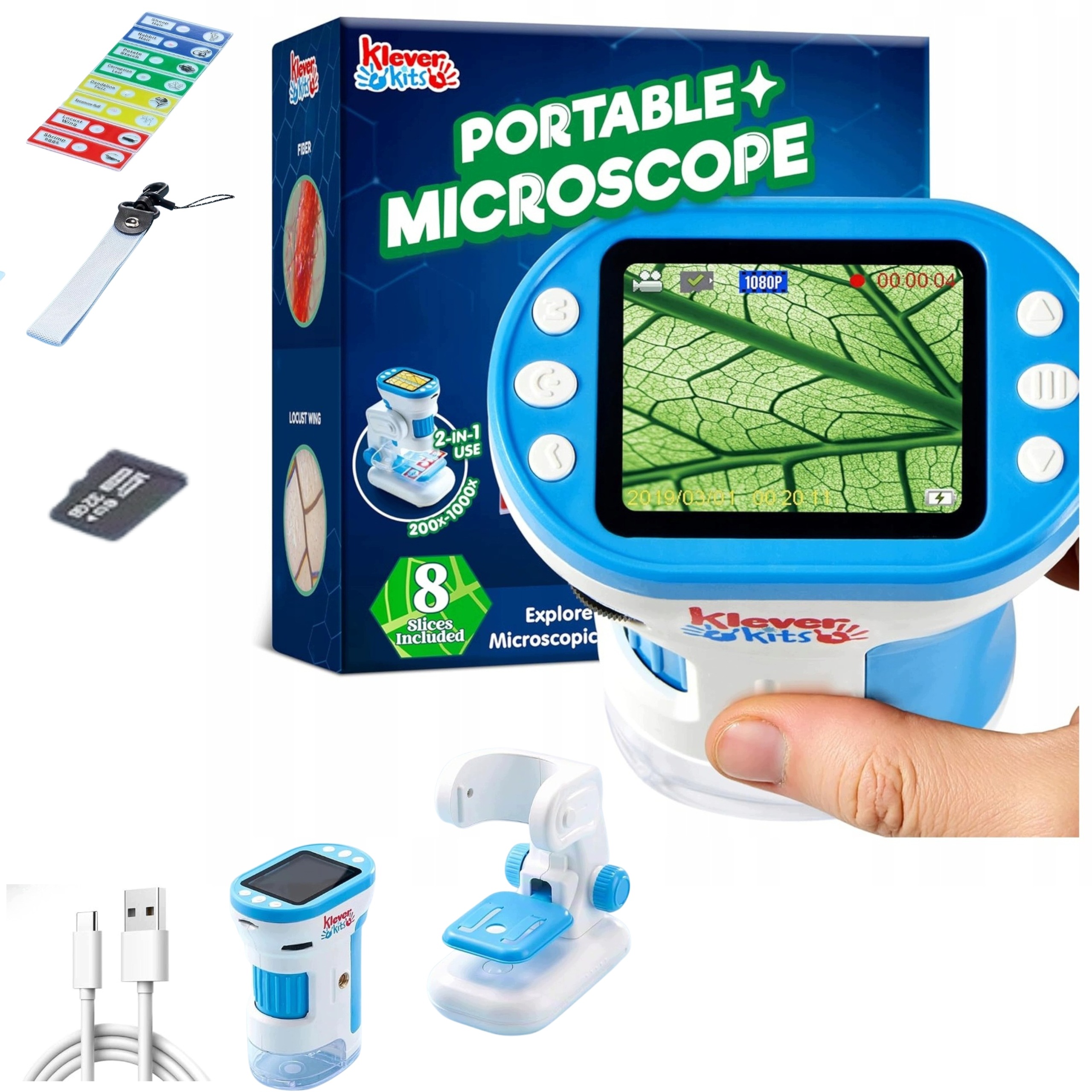 Mikroskop cyfrowy dla dzieci 2 w 1 przenośny kieszonkowy ekran Led 1000X Hd