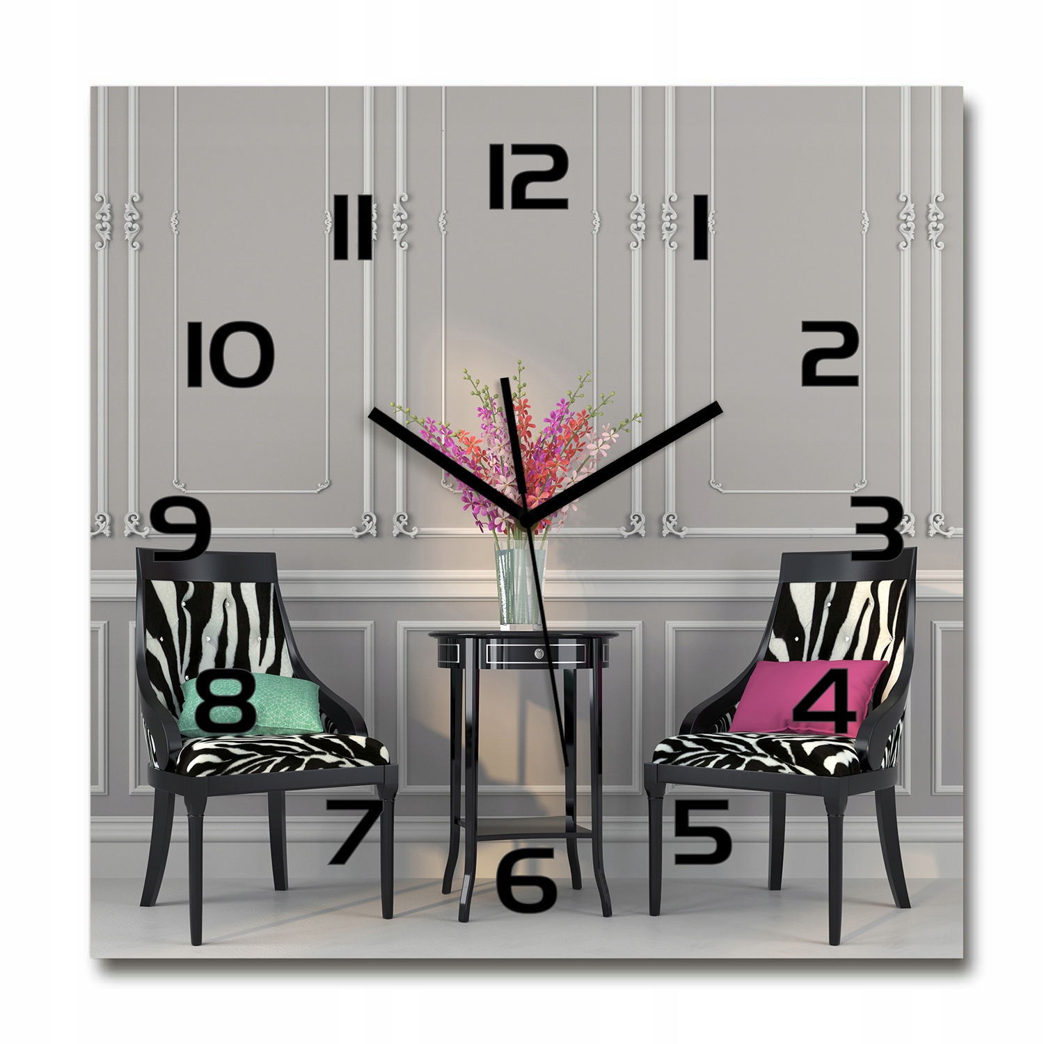 

Duży kwadratowy szklany zegar Dwa krzesła 60x60 cm