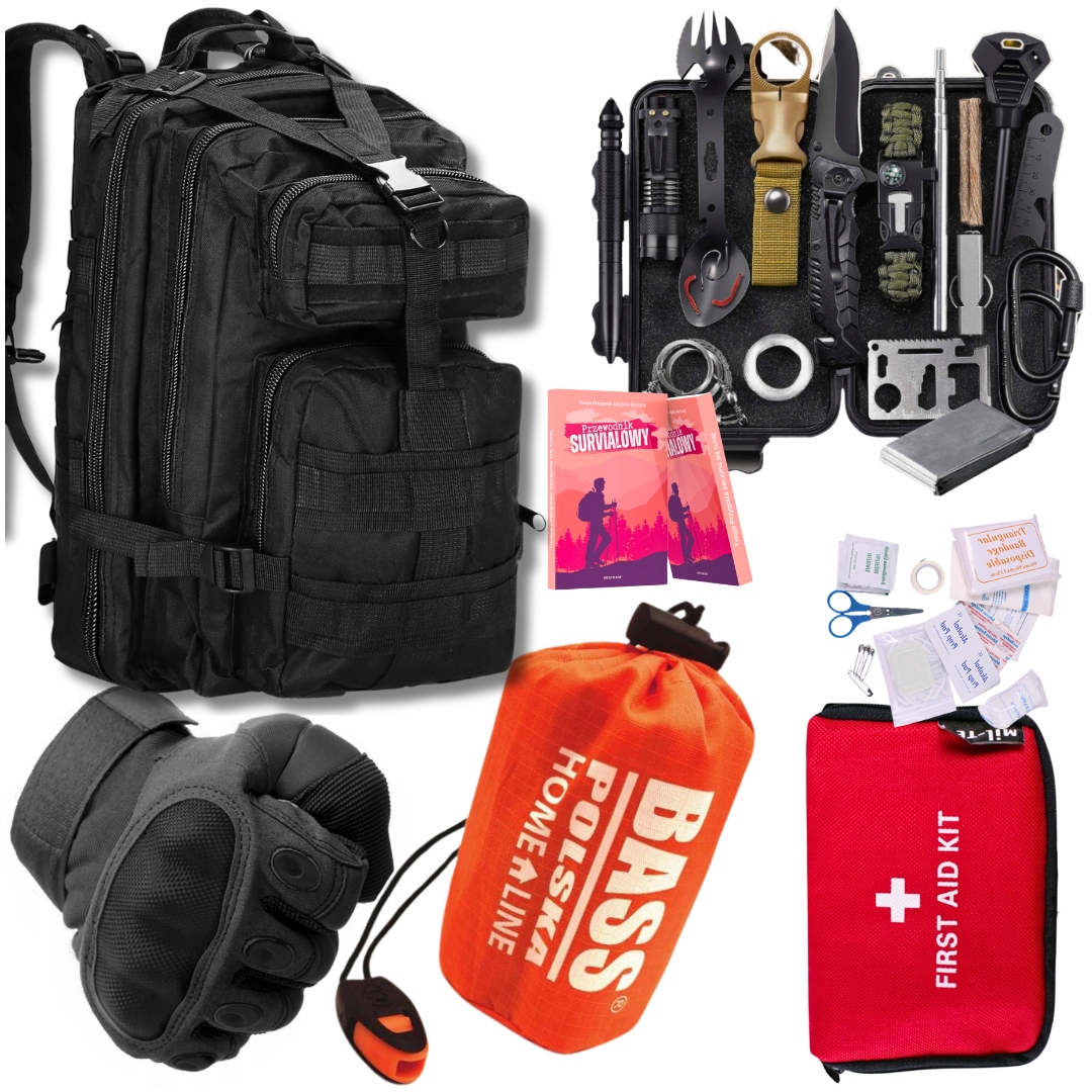 Plecak Wojskowy Survival Set Apteczka Mini Rękawice L Folia Śpiwór 210cm