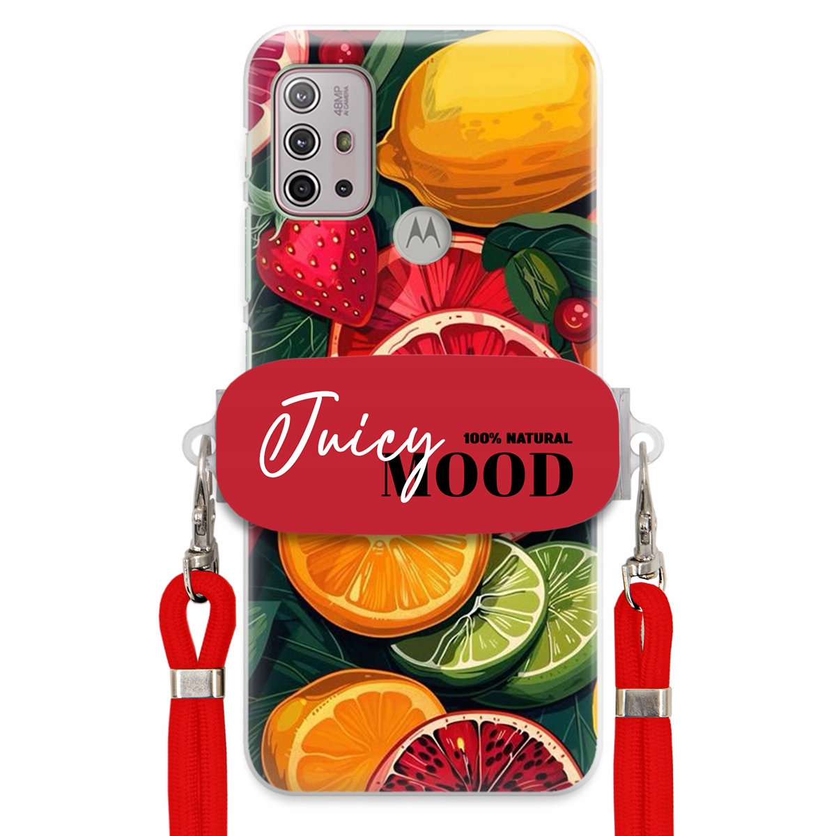 Puzdro pre Motorola G20 Červené Crossbody vodítko držiak Juice Mood Ovocie