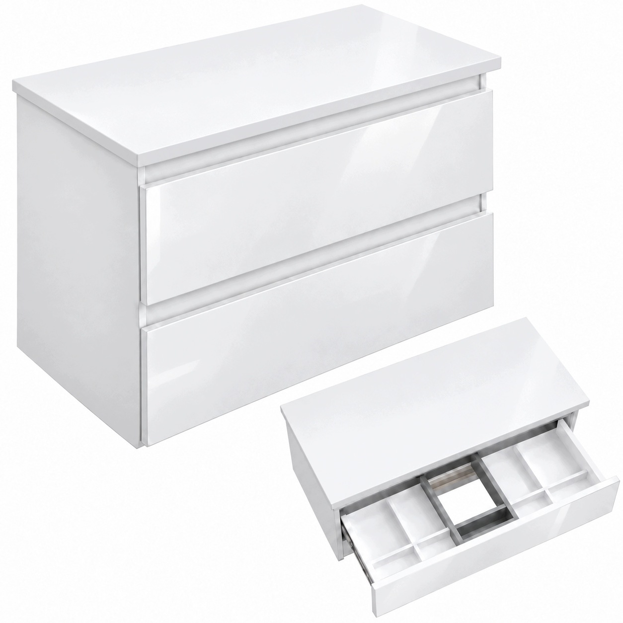 Koupelnová skříňka s deskou 80 Zásuvky Mdf Bílý lesk Sada pod umyvadlo
