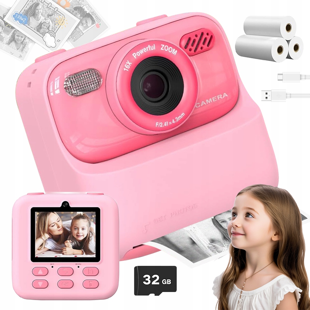 Fotoaparát Kamera Přenosná Tiskárna Pro Děti 1080P 3 Role 32G