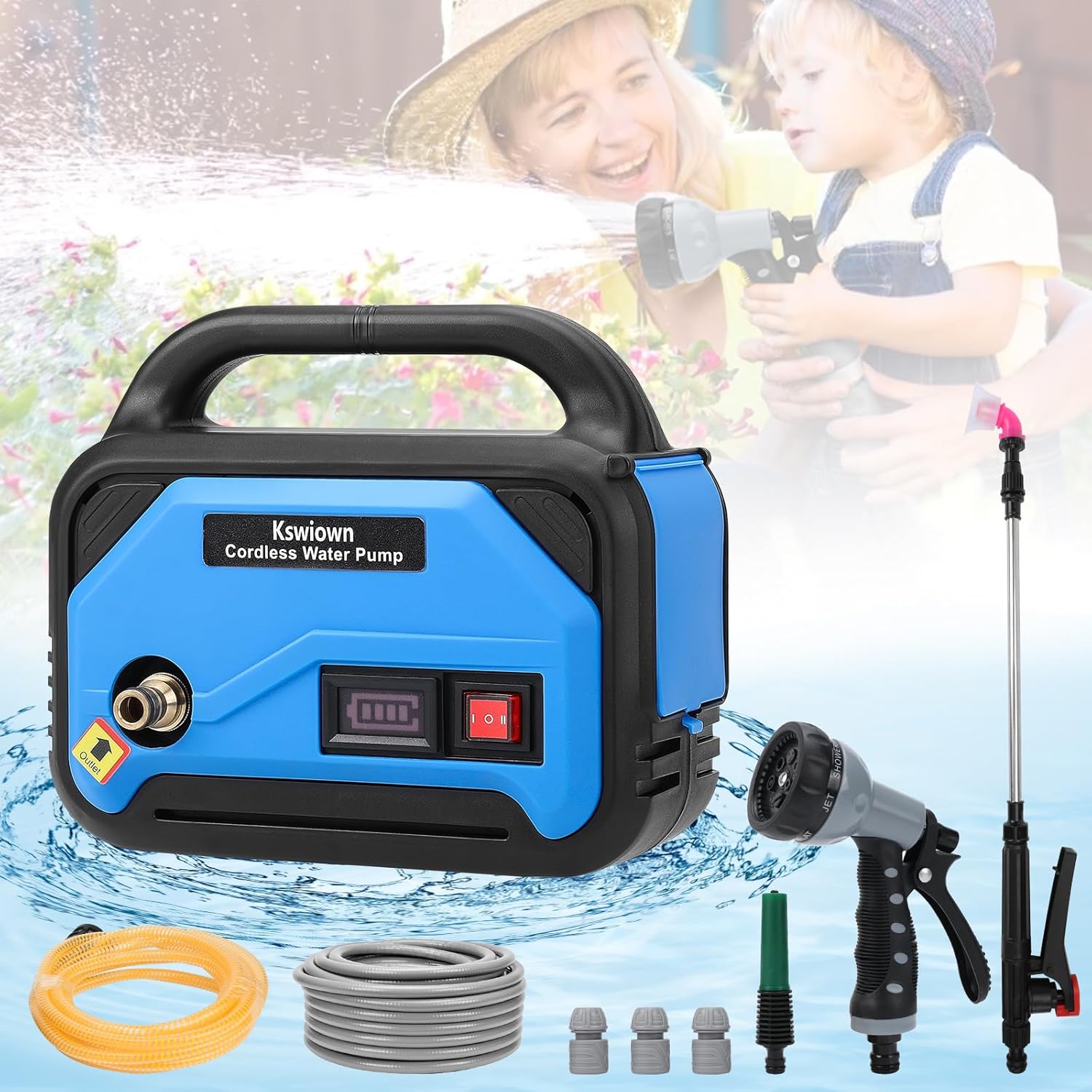 Ručná vodná pumpa akumulátorová 18 V 220 W hadica a pištoľ príslušenstvo