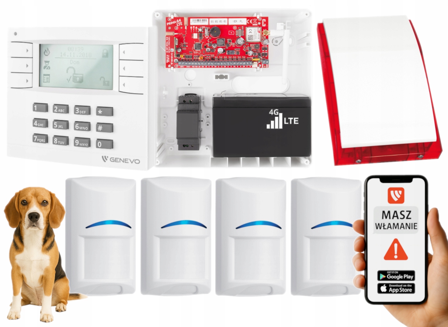 System Alarmowy Genevo PRiMA64LTE Wl Panel LCD Gsm Lte 4 Czujki Pet App