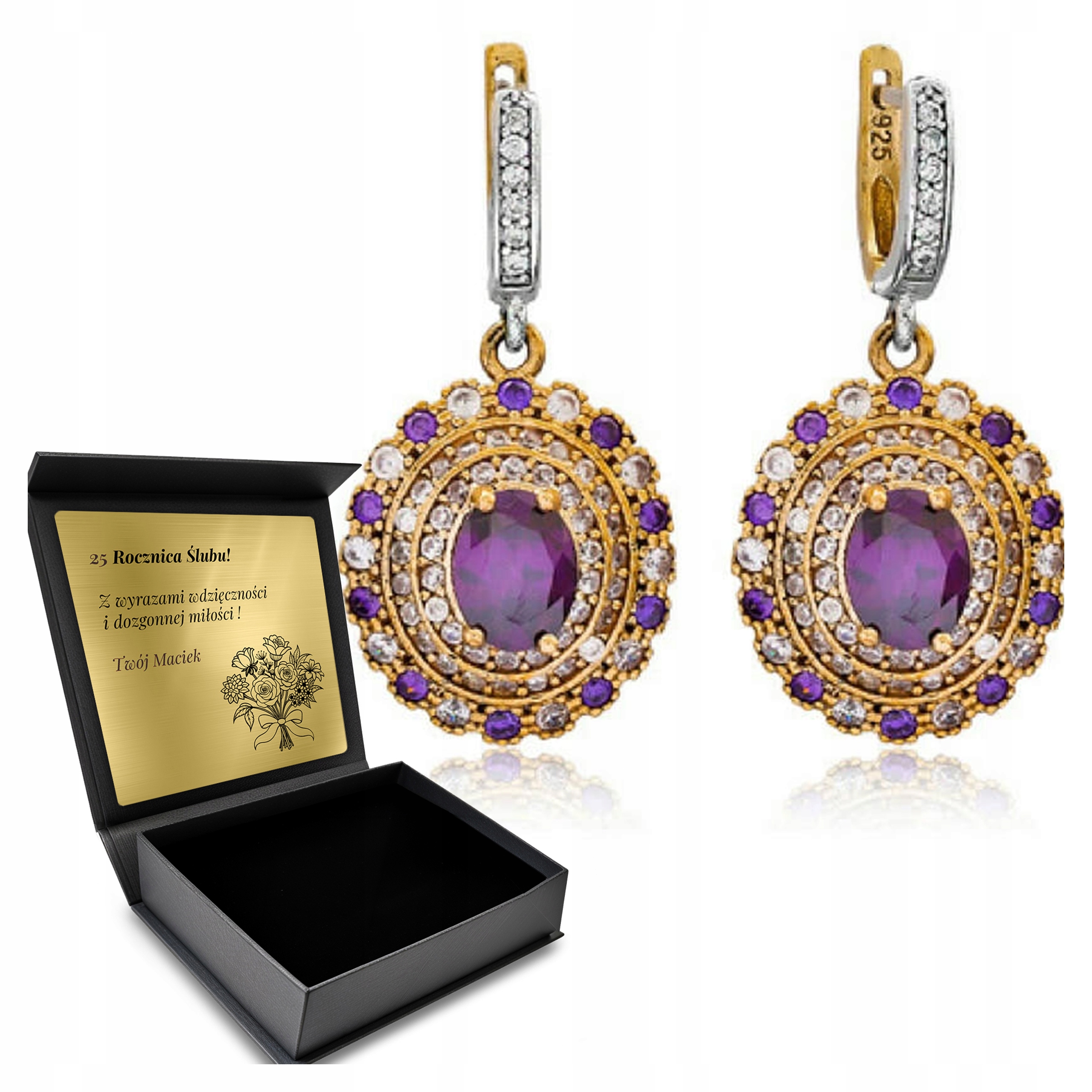 Stříbrné Náušnice 925 Zirkony A Ametystem Pro Ženy Gravírování