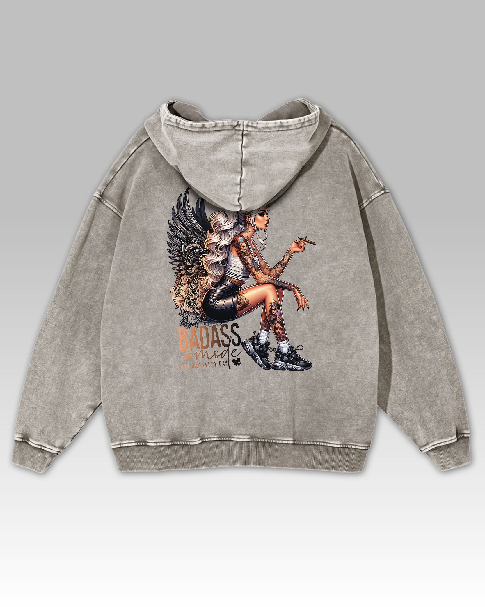 Oversize mikina s kapucí Tetovaná Žena Anděl šedá XL
