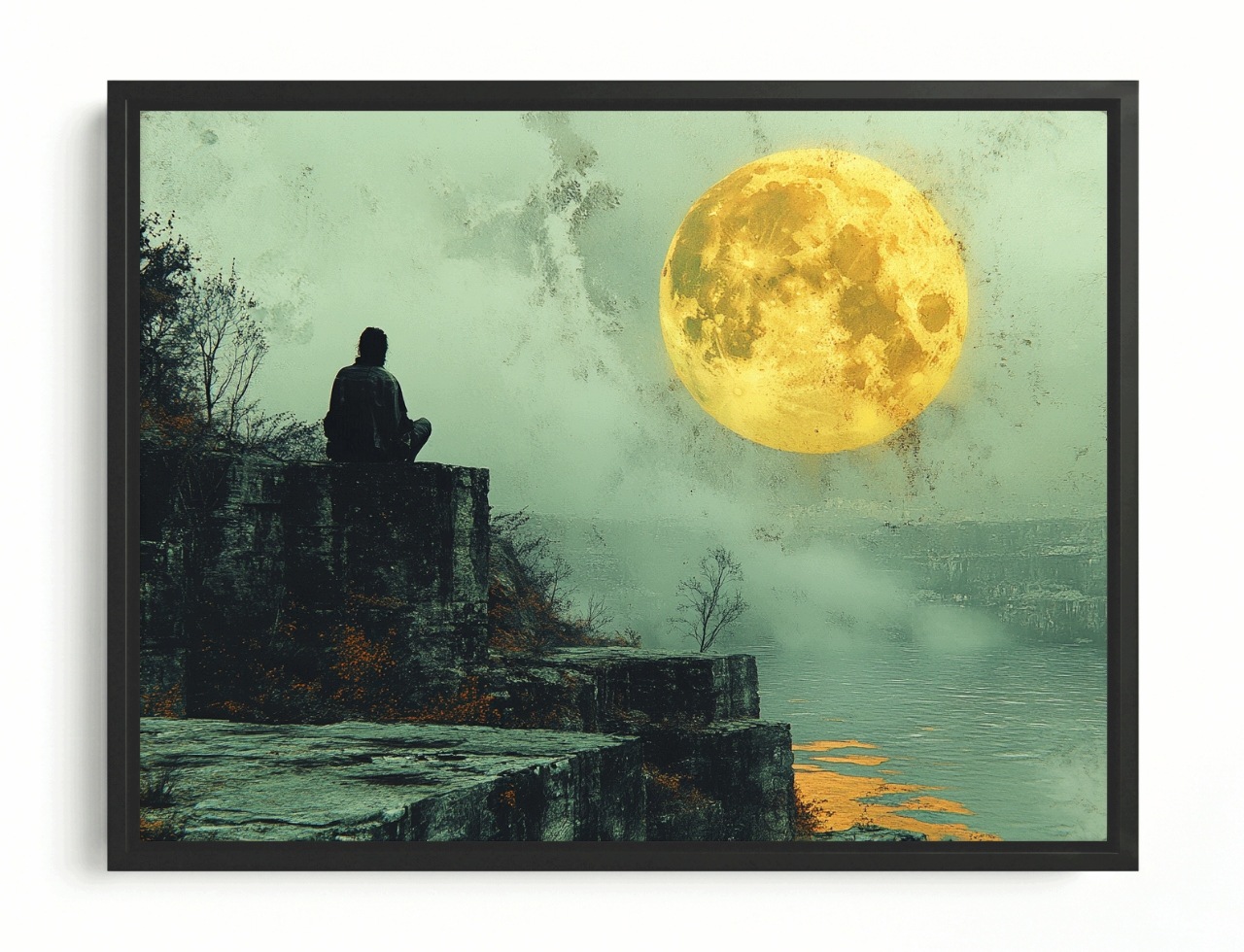 Obraz Rám Americký Box Člověk Skály Voda Měsíc Noc Meditace 80x60