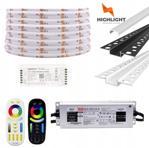 10m Sada Fasáda Led pásik Cob Rgb+cct 16W 24V IP65 +Profil Biela/Čierna
