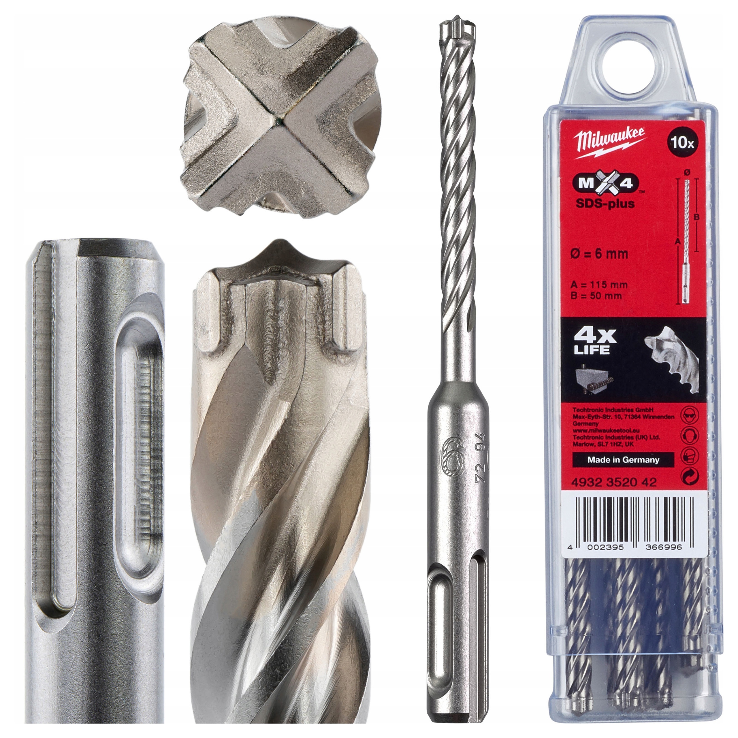 Wiertła do betonu zbrojonego Sds Plus 6 x 50/115 mm 10 szt. Milwaukee MX4