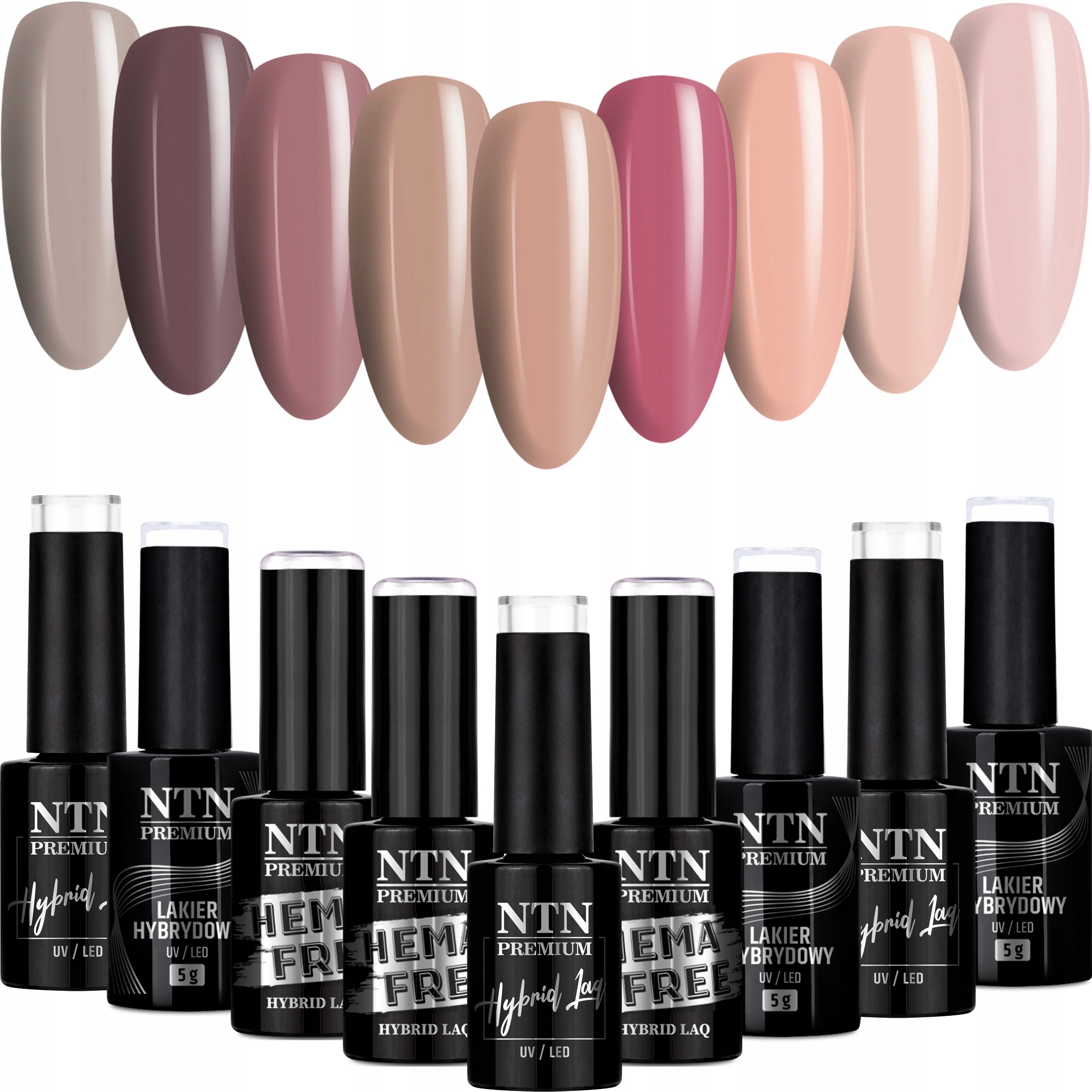 9x Lakier Hybrydowy Ntn 5g Topless Zestaw 9w1 Nude Beżowe Brąz