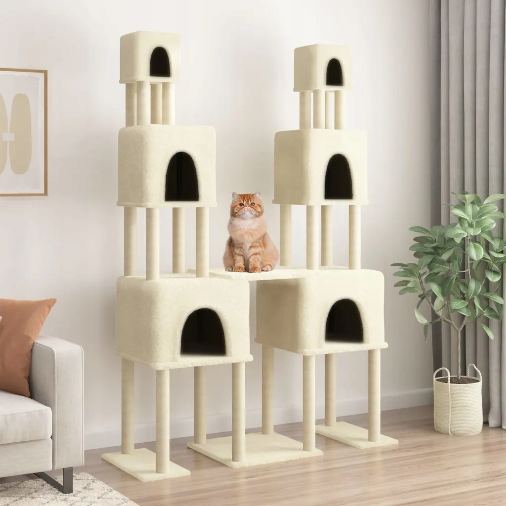 Levně Škrabadlo pro kočky se sisalovými sloupky krémové 199 cm