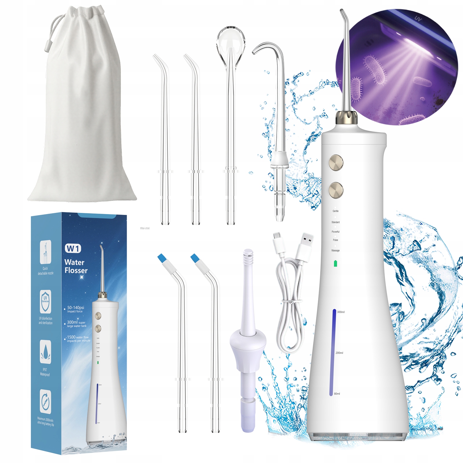 Irygator Do Zębów Bezprzewodowy 5 TRYBÓW+7 Dysz Z Sterylizacji Uv Stylowy