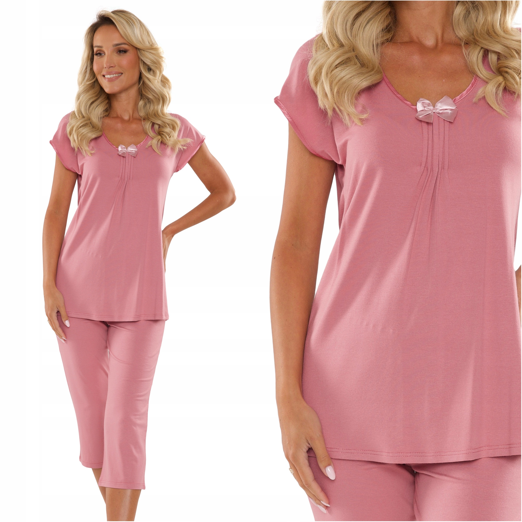 Piżama damska krótki rękaw spodnie 3/4 De Lafense Visa 884 brudny róż XL 42