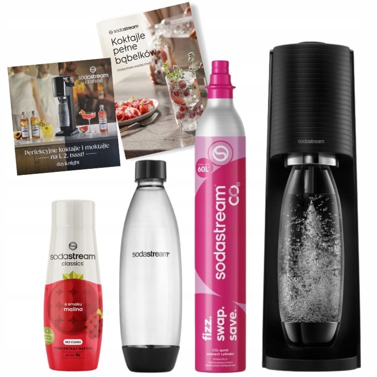 Saturator SodaStream Terra czarny 1 butelka syrop Malina 440ml, 2 książki