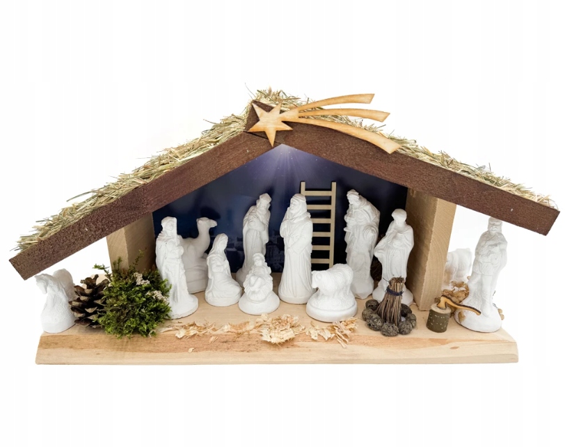 Dřevěný Vánoční Betlém S Osvětlením Figurky 12 CM 12 Figurek