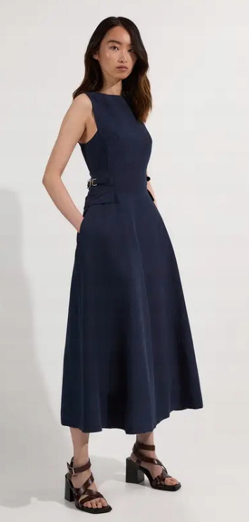 Tmavě Modrá Lněná Šaty MIDI Karen Millen L