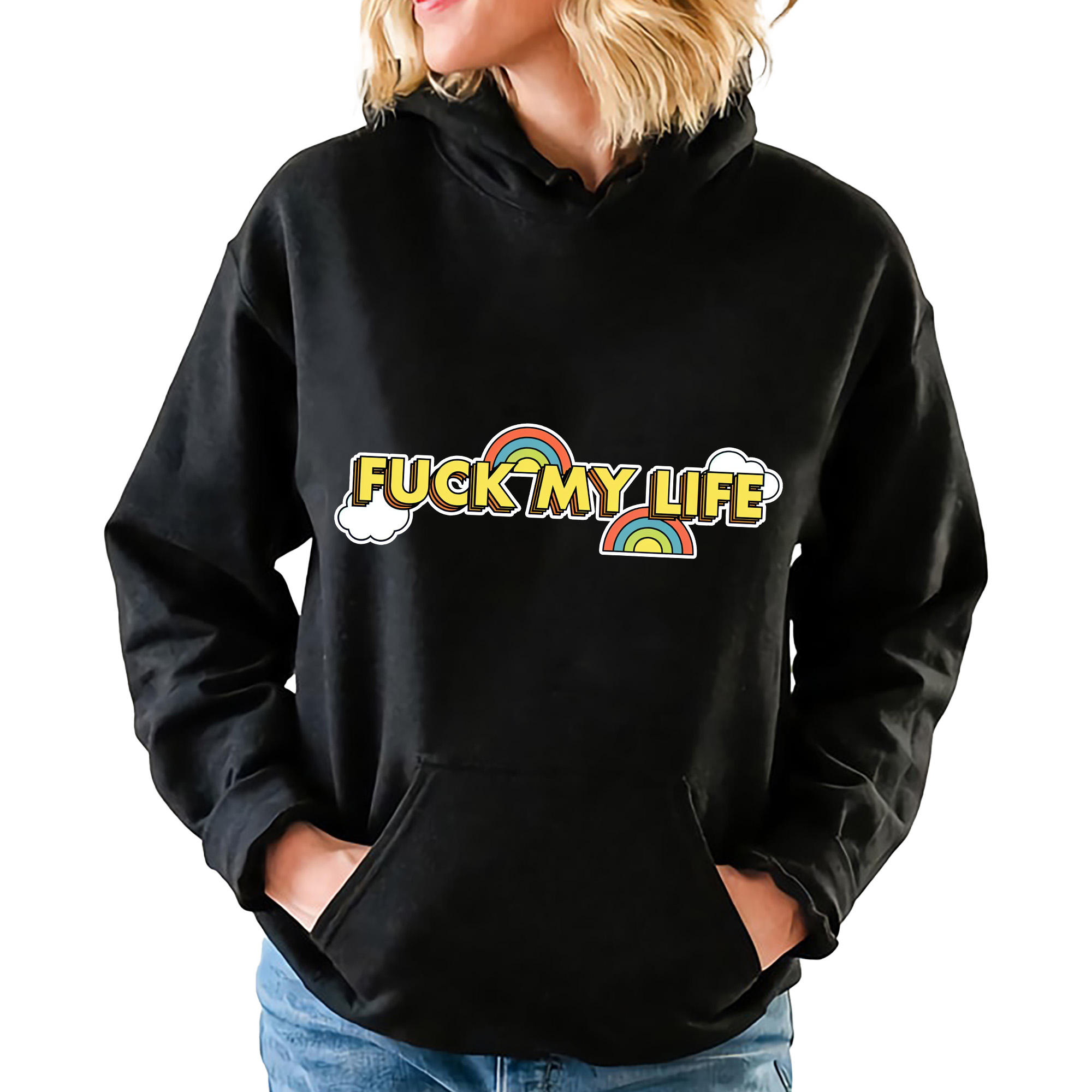 Černá mikina s kapucí Dárek pro ženy F*ck My Life Velikost M